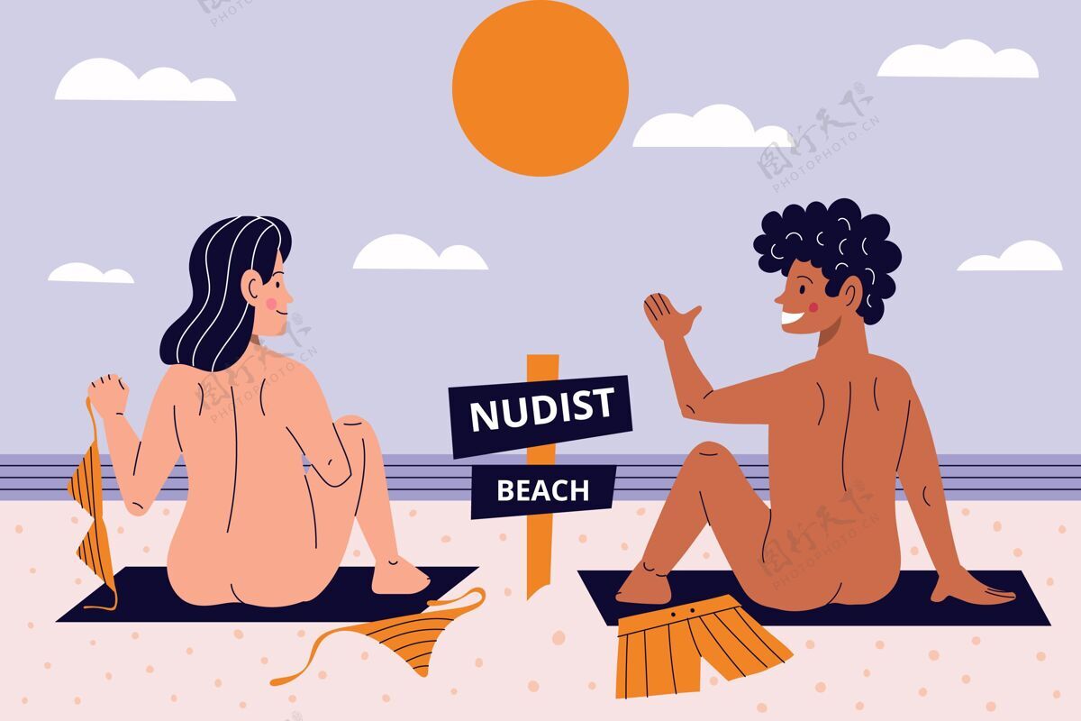 季节卡通裸体主义概念插图夏天自然海滩