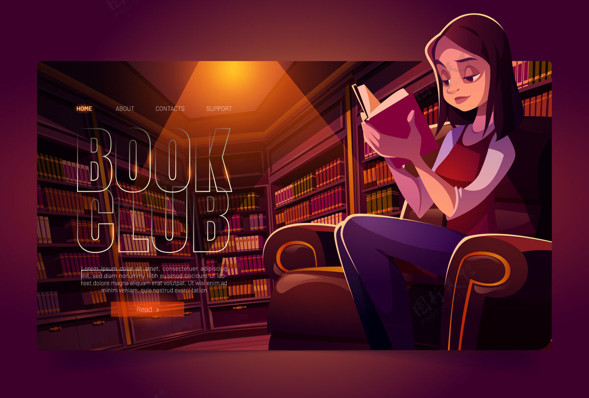 室内图书俱乐部卡通登陆页年轻女子晚上在图书馆看书书架俱乐部书房