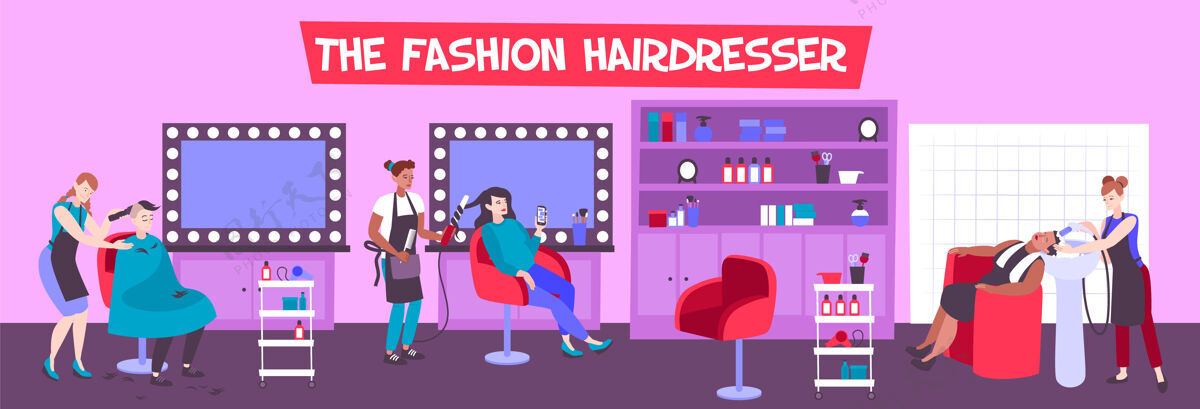 头发美发沙龙内部与客户和美发师创造时尚的发型时尚公寓美发师