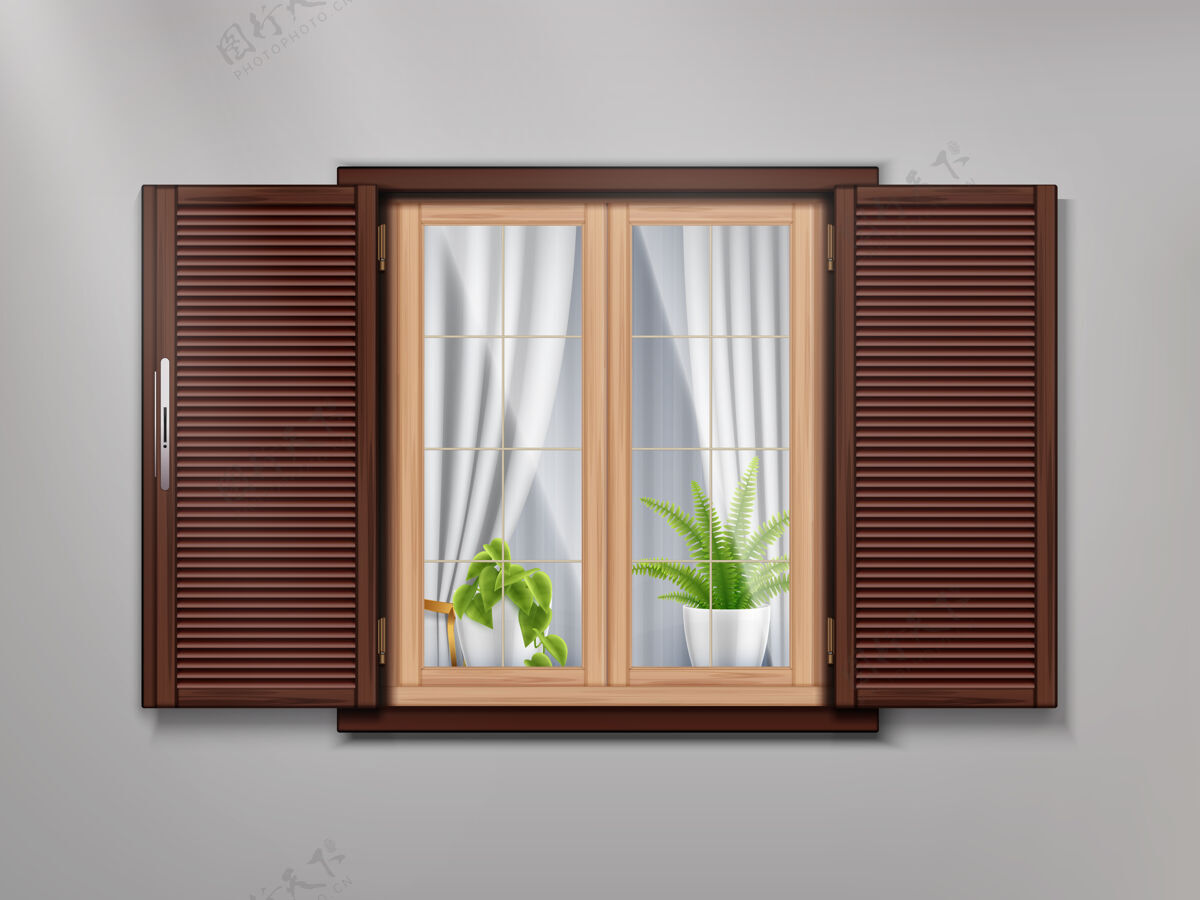 正面的木制的旧窗户 有漂亮的窗帘和盆栽植物窗盆栽的木头的