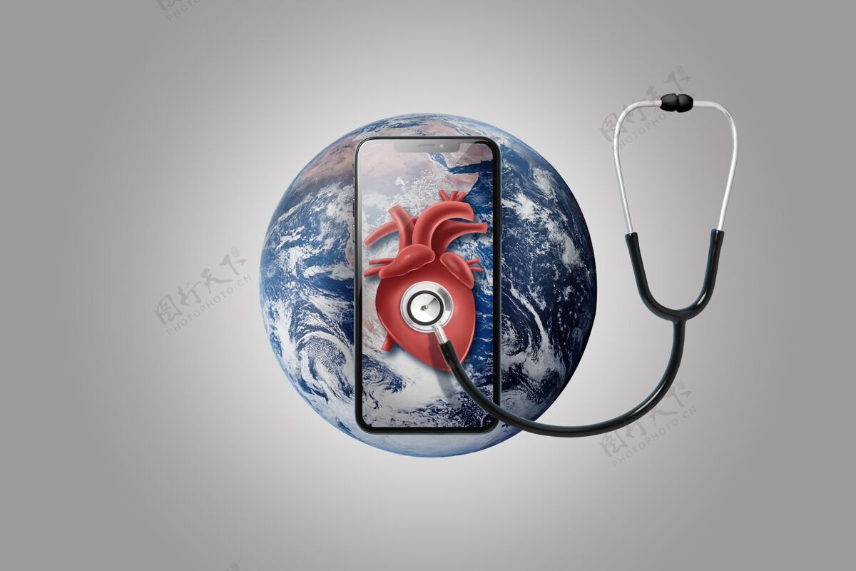 地球智能手机在地球上与听诊器的心脏医学保护移动