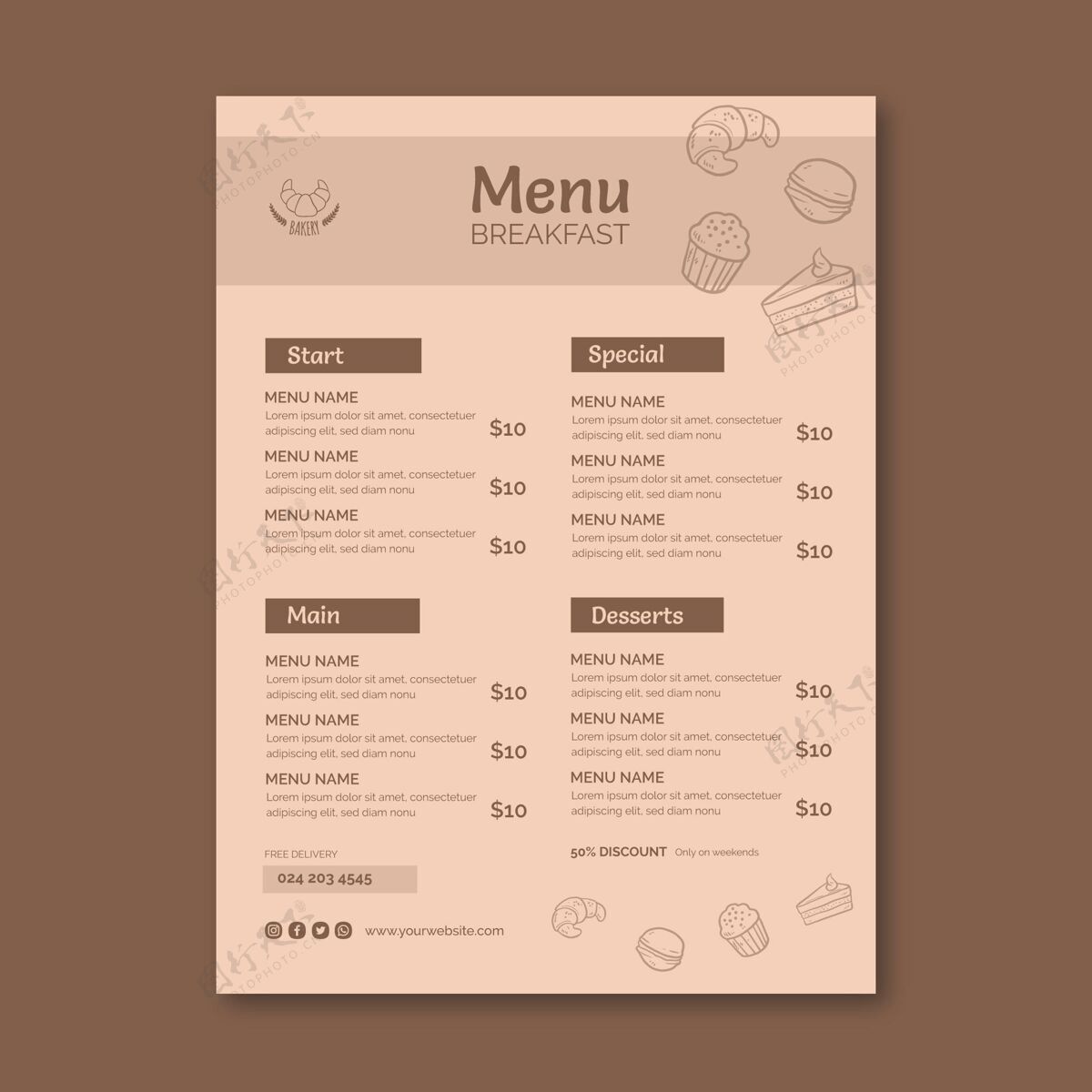 美食早餐餐厅菜单模板食物晚餐菜单