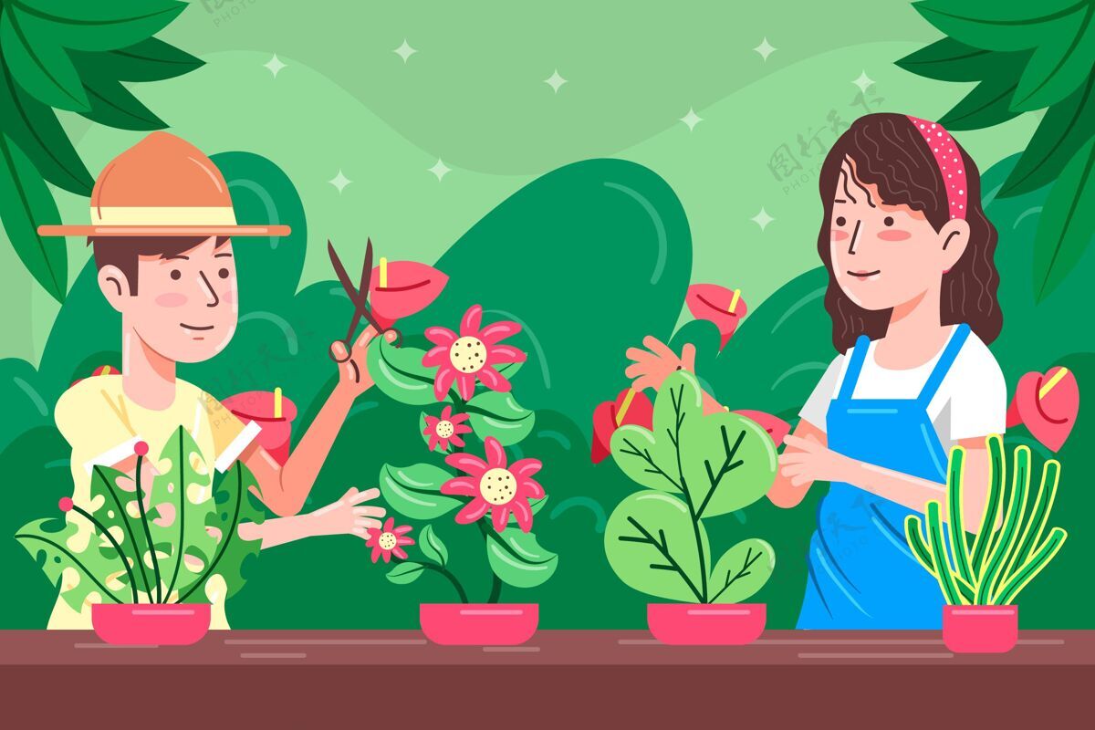 五颜六色人们照顾植物的平面插图护理放松平面插画