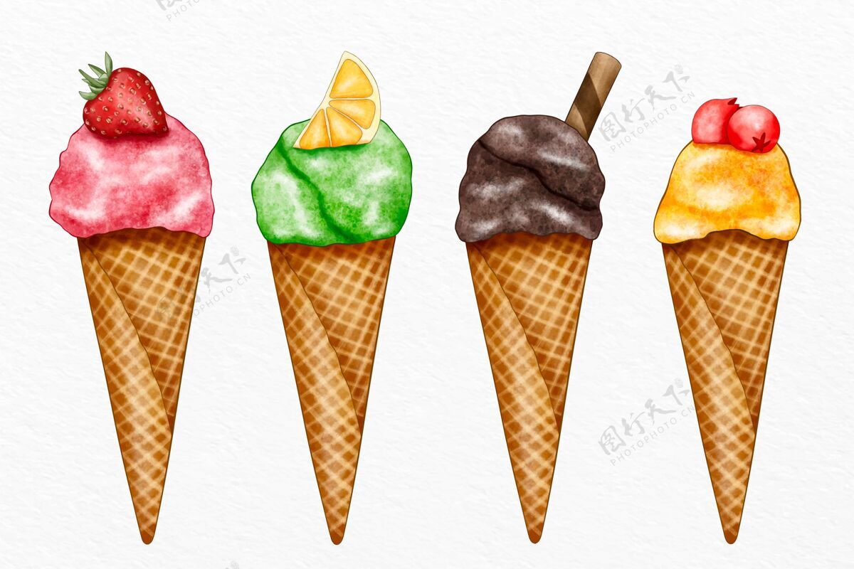 食物手绘水彩冰淇淋套装夏天冰淇淋甜点