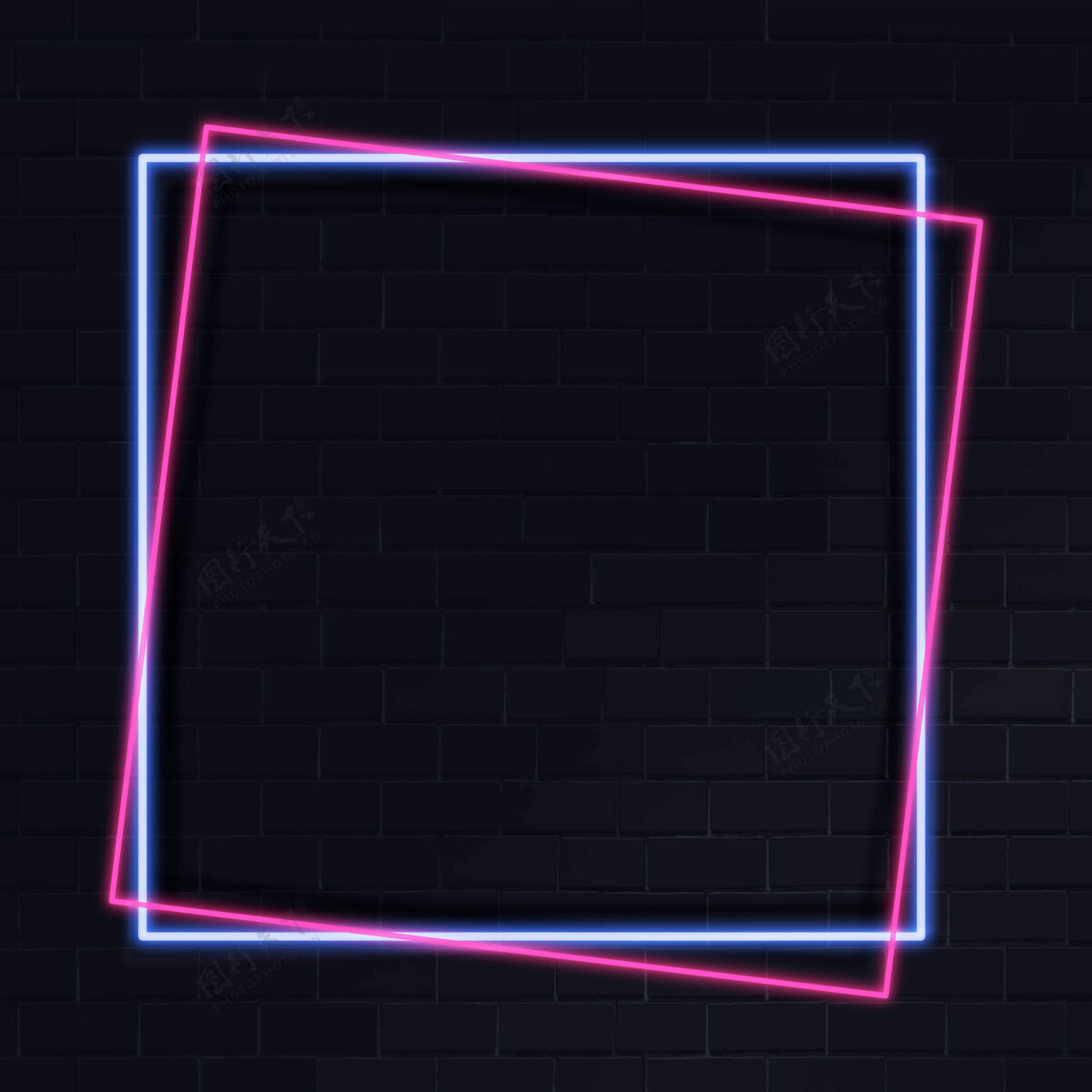 正方形黑色背景上的粉红色霓虹灯框架发光框架霓虹灯几何