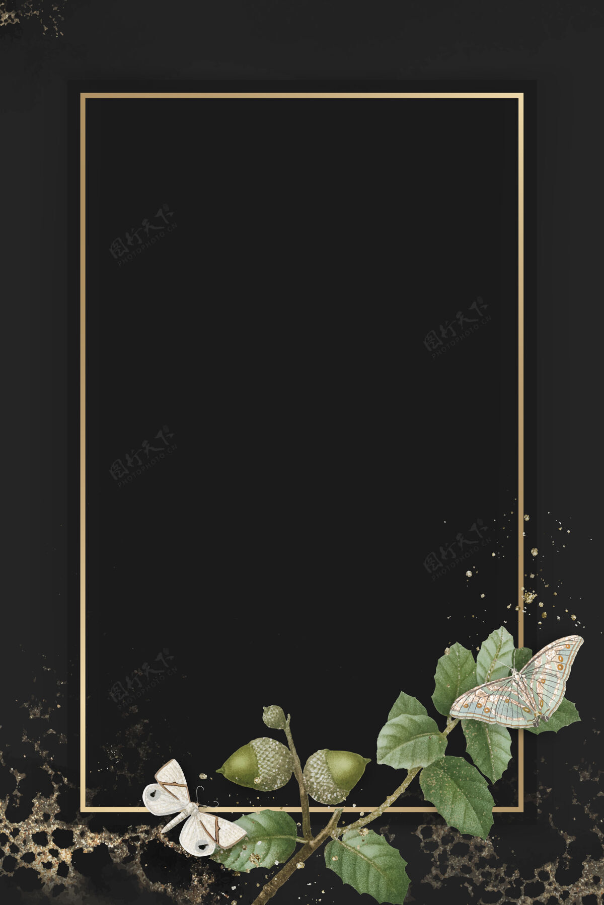 自然手绘橡木叶图案 背景为矩形金框蝴蝶闪光橡树叶