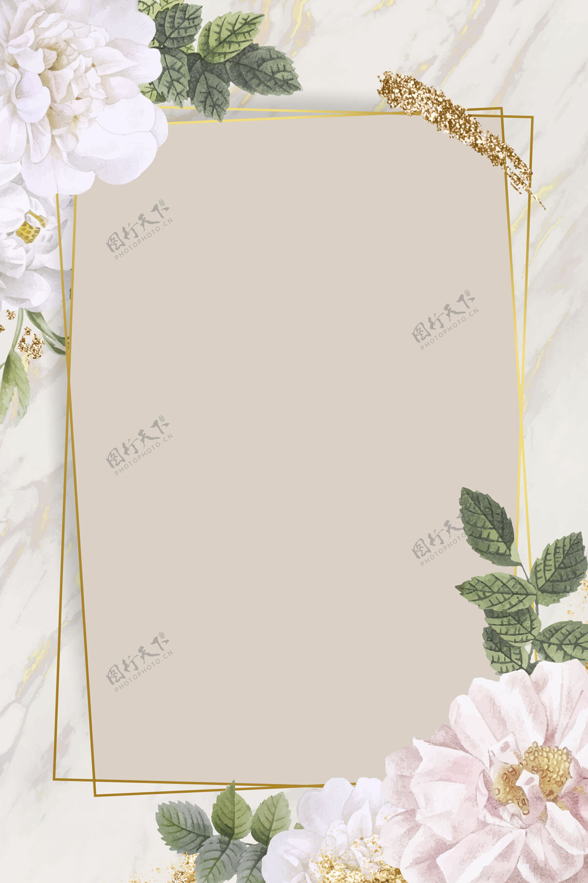 花大理石背景上的矩形玫瑰框植物花瓣优雅