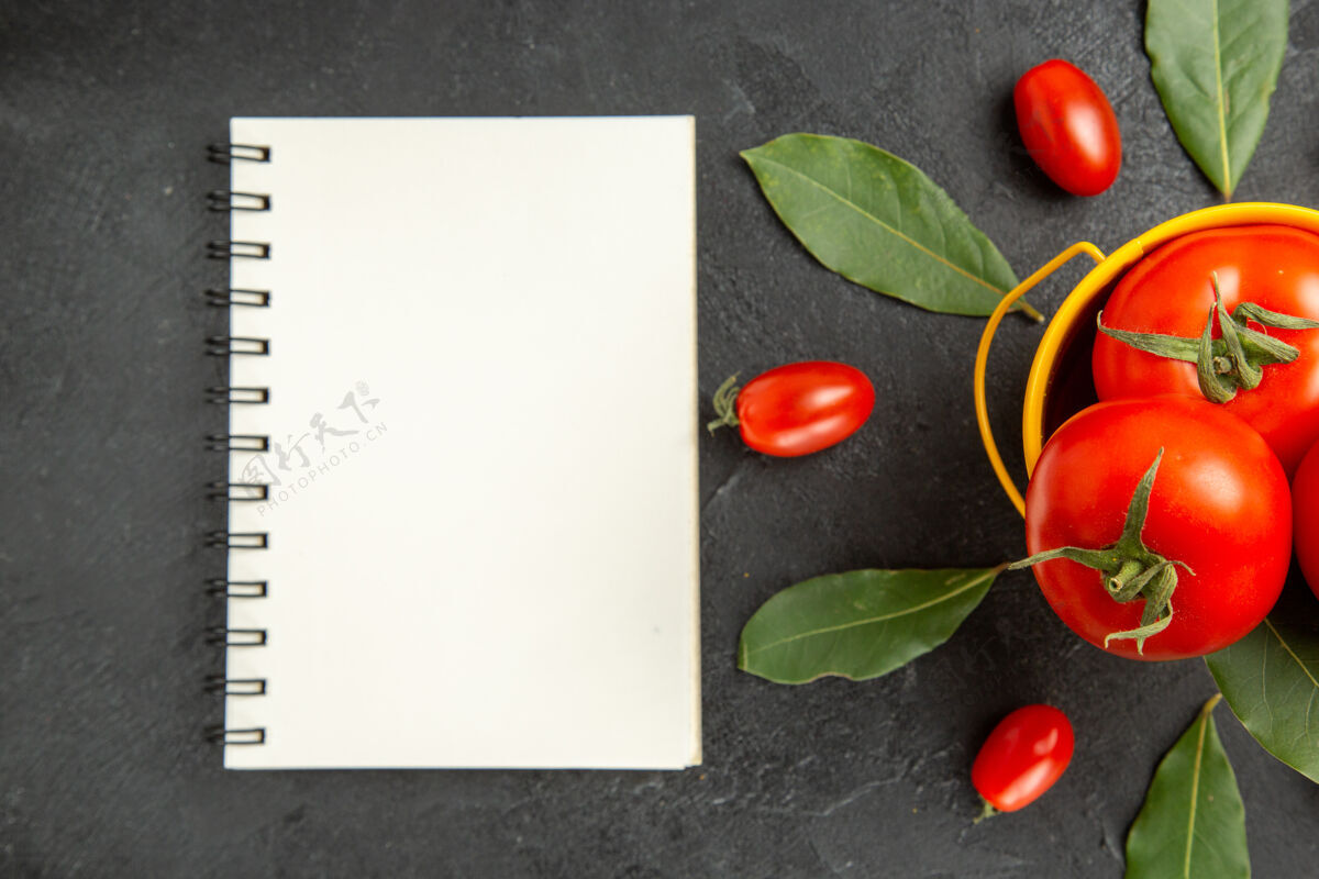 冬青顶视图一桶西红柿围绕着樱桃西红柿和月桂叶和一个笔记本在黑暗的地面上礼品周围深色