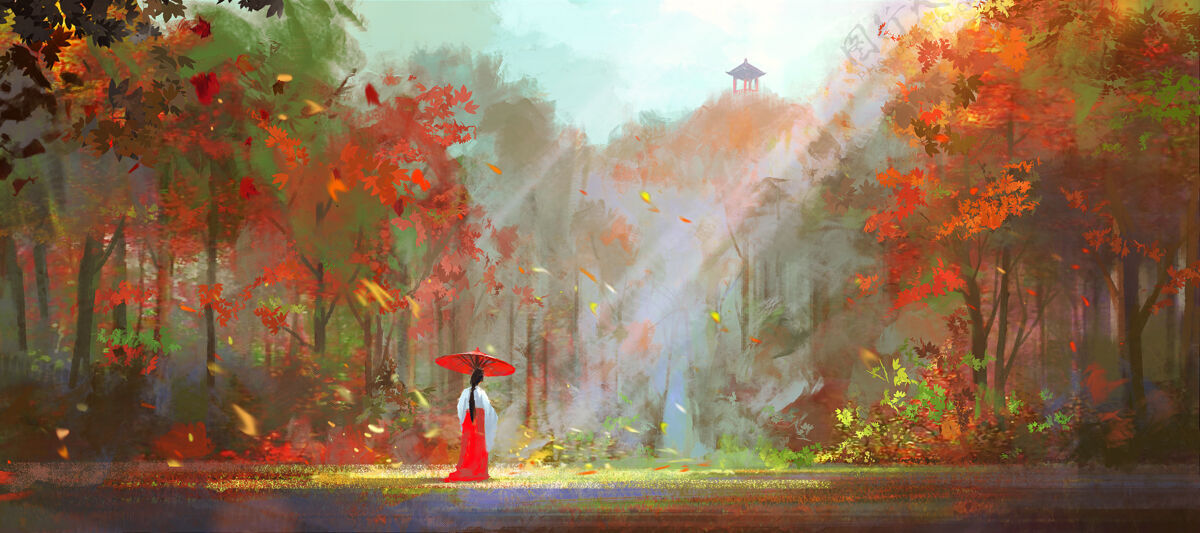 风景穿着传统东方服饰的女人漫步在茂密的森林里和服女人叶子