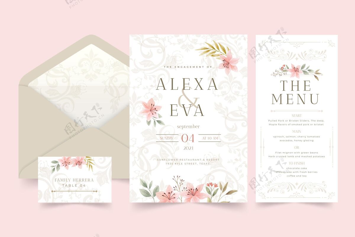设置花卉婚礼文具系列包装订婚活动