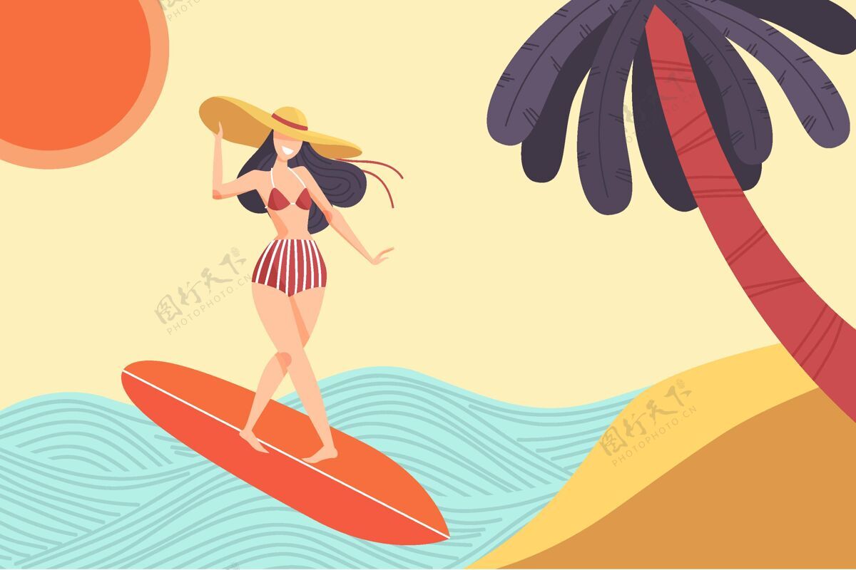 棕榈树手绘夏季插图女人女人冲浪