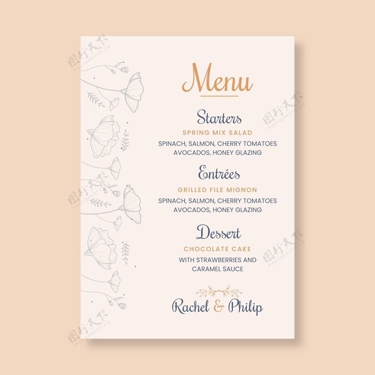 美丽最小的婚礼菜单模板菜单餐厅菜单保存日期