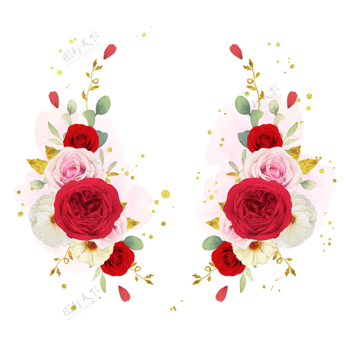 花束美丽的花环与水彩粉白色和红色玫瑰植物牡丹优雅
