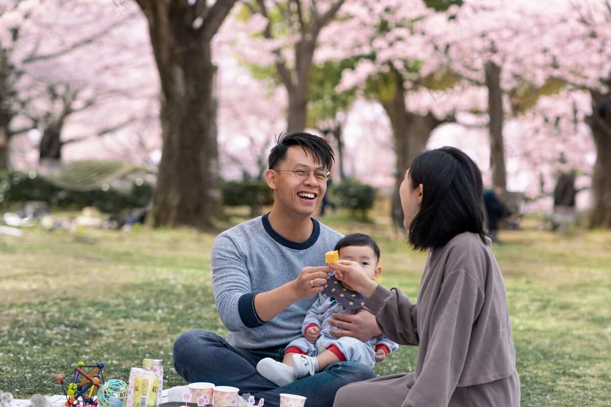 树一家人在樱桃树旁野餐开花孩子宁静