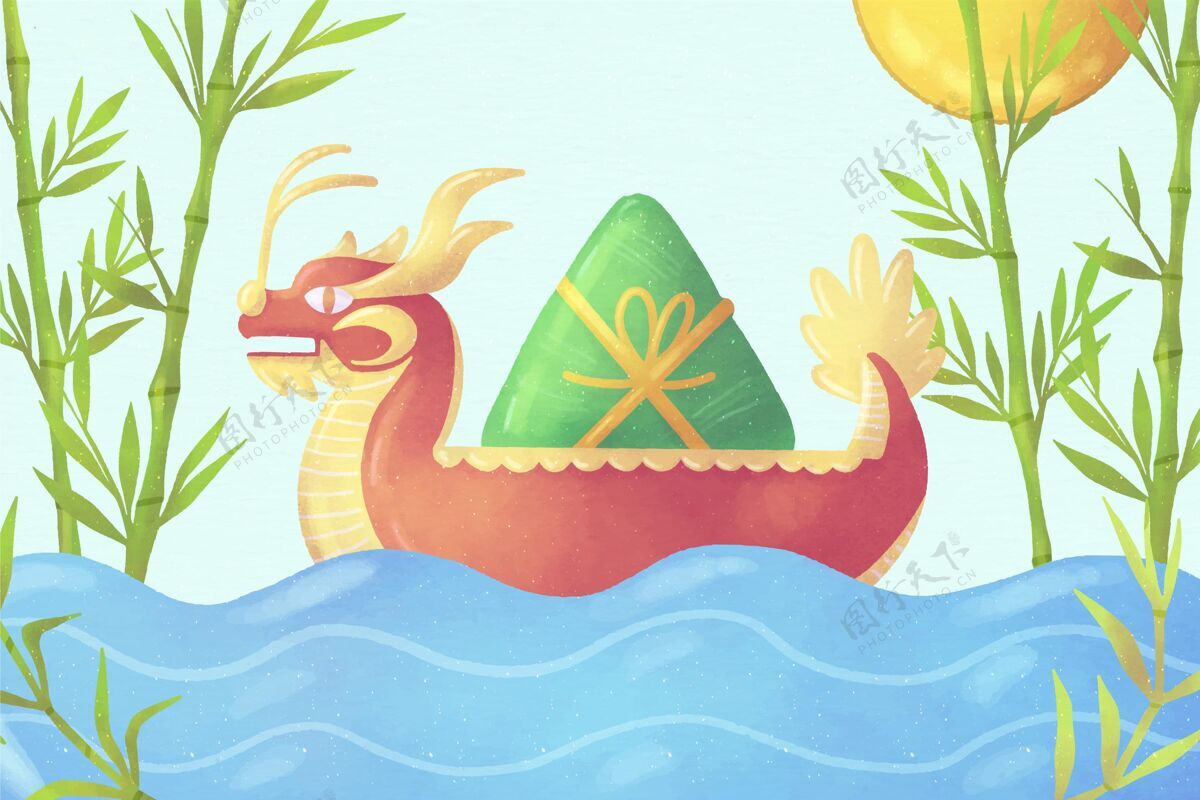 中国手绘水彩画龙舟的粽子背景端午背景中国龙舟墙纸