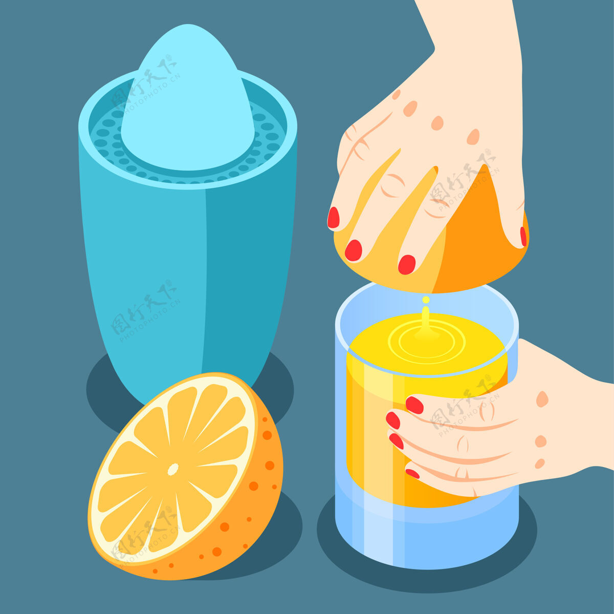 促进加强免疫等距和彩色背景与挤压橙汁饮用插图营养护理素食者
