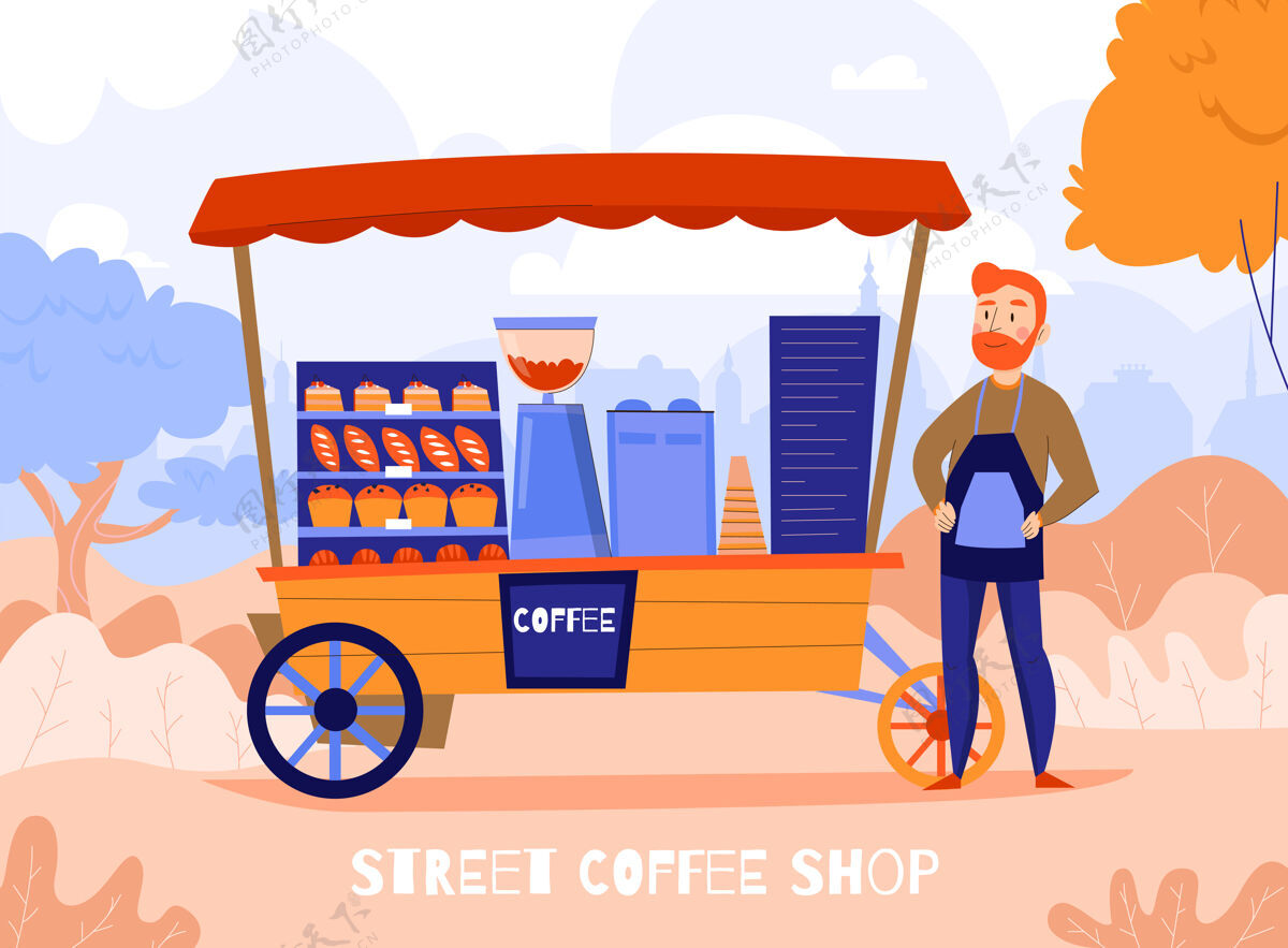 秋天卖家咖啡组成室外秋季景观和移动单元与咖啡机和咖啡师的性格景观咖啡卖家