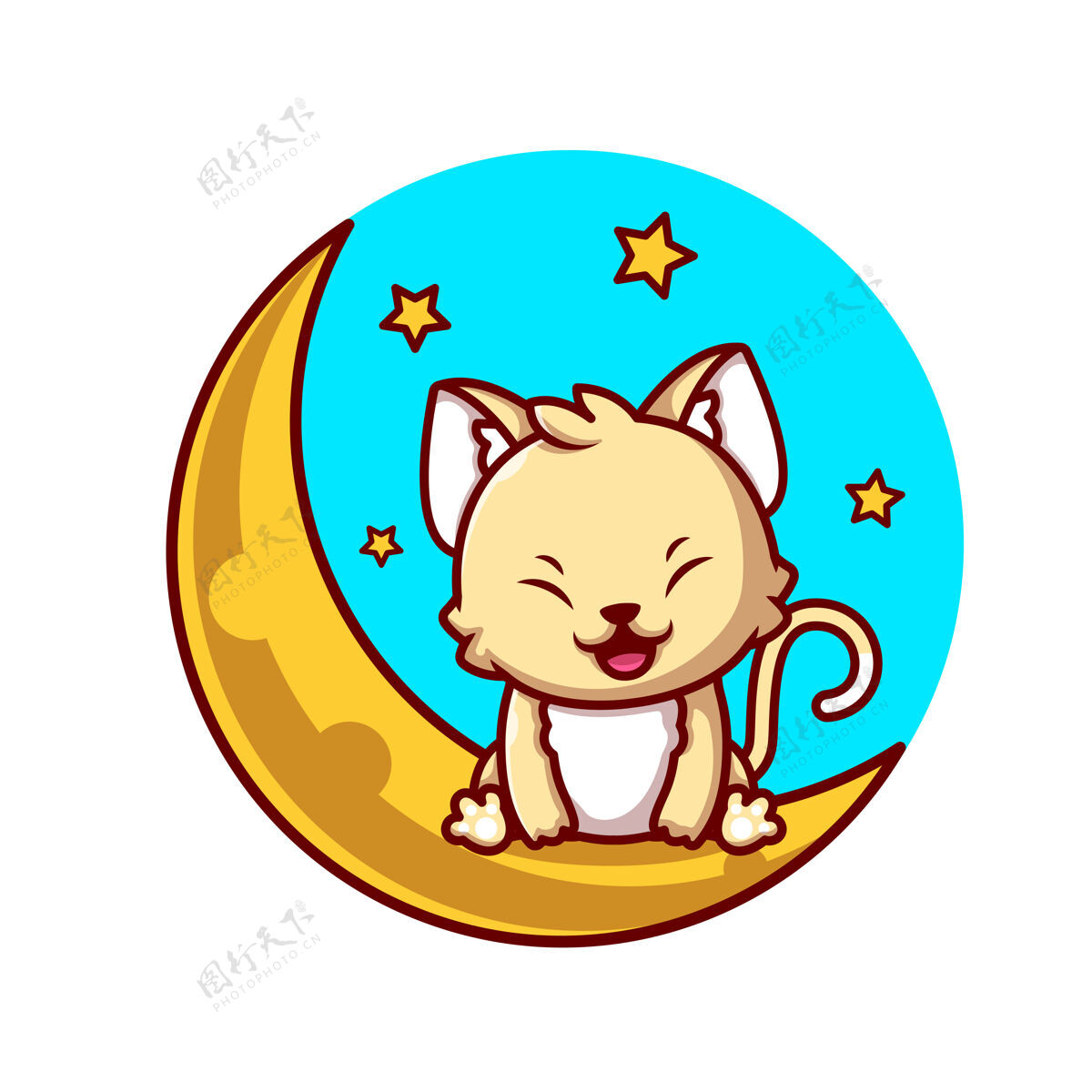 月亮可爱的猫坐在月亮上与星星卡通图标插图动物自然图标概念隔离平面卡通风格卡通夜晚可爱