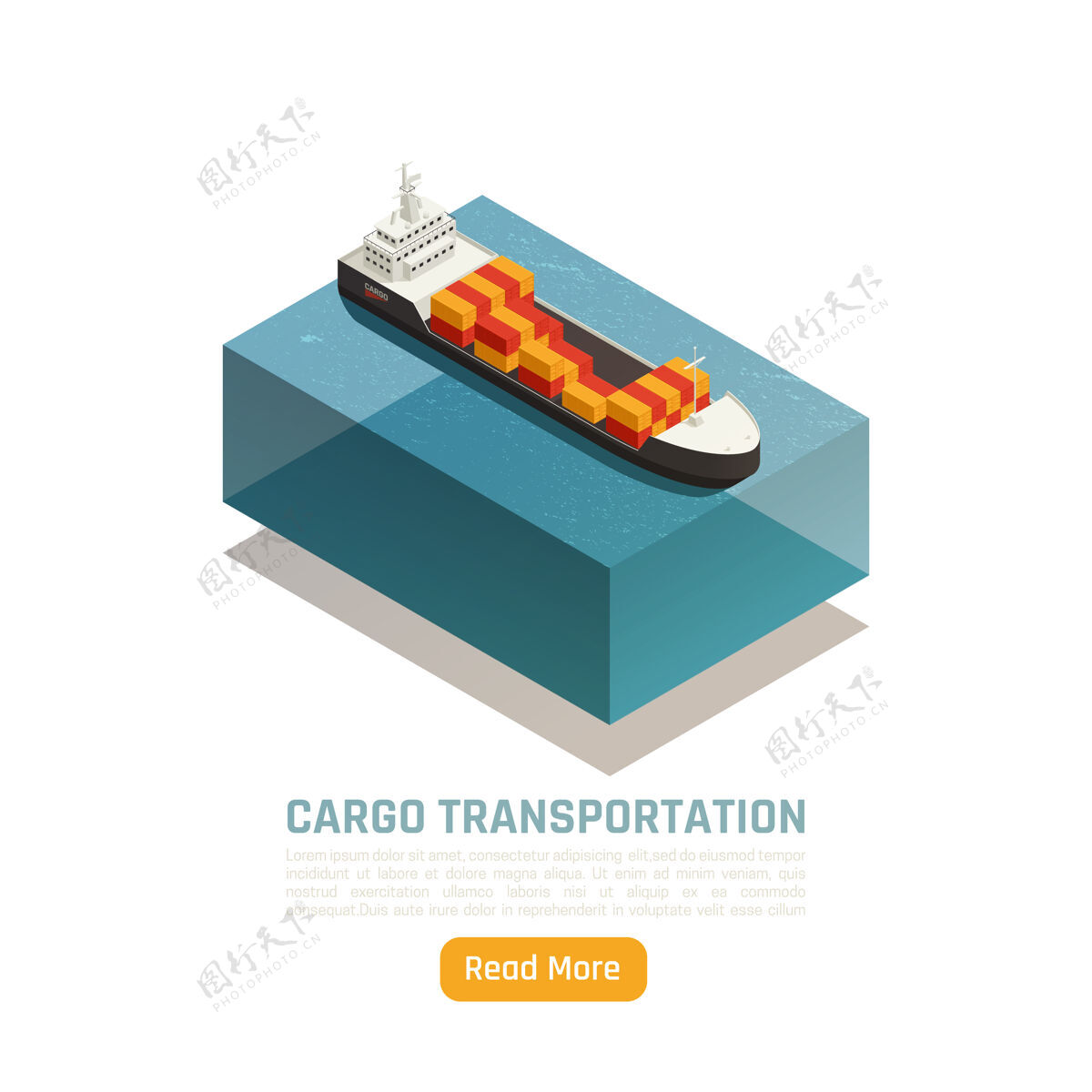 集装箱货物运输物流配送等轴测图与船舶装载货物集装箱和文字装载货运物流