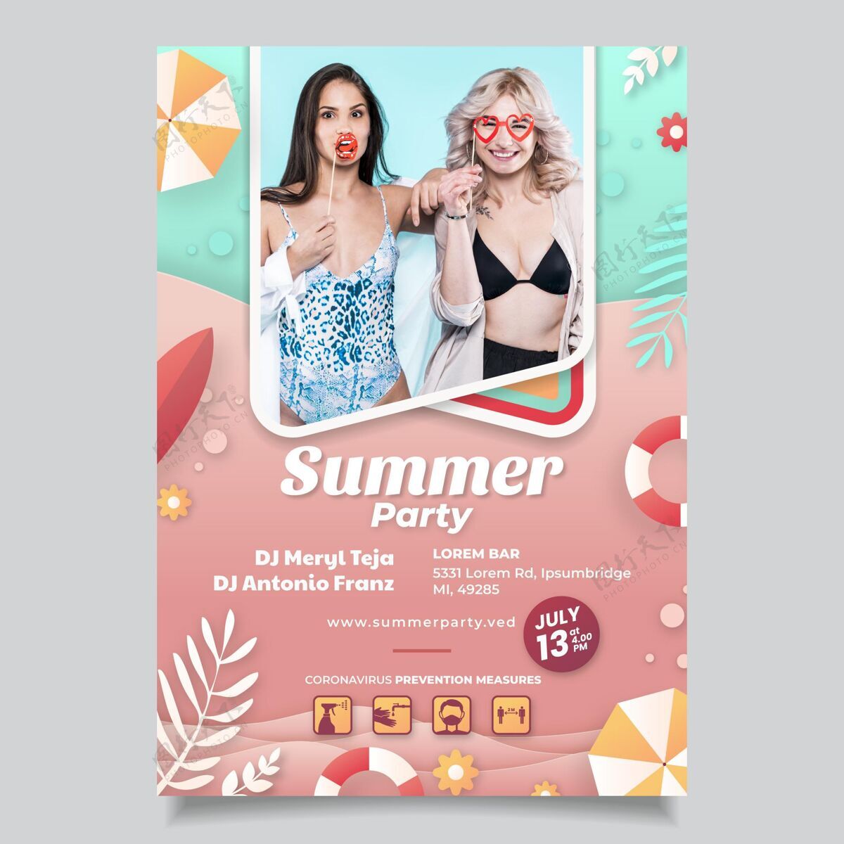 夏季派对传单纸风格的夏季聚会垂直海报模板与照片海报垂直夏季派对海报