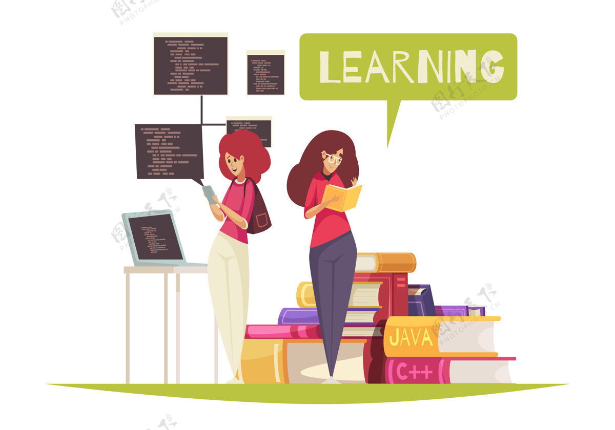 阅读程序员教育概念平面图学习电脑女孩