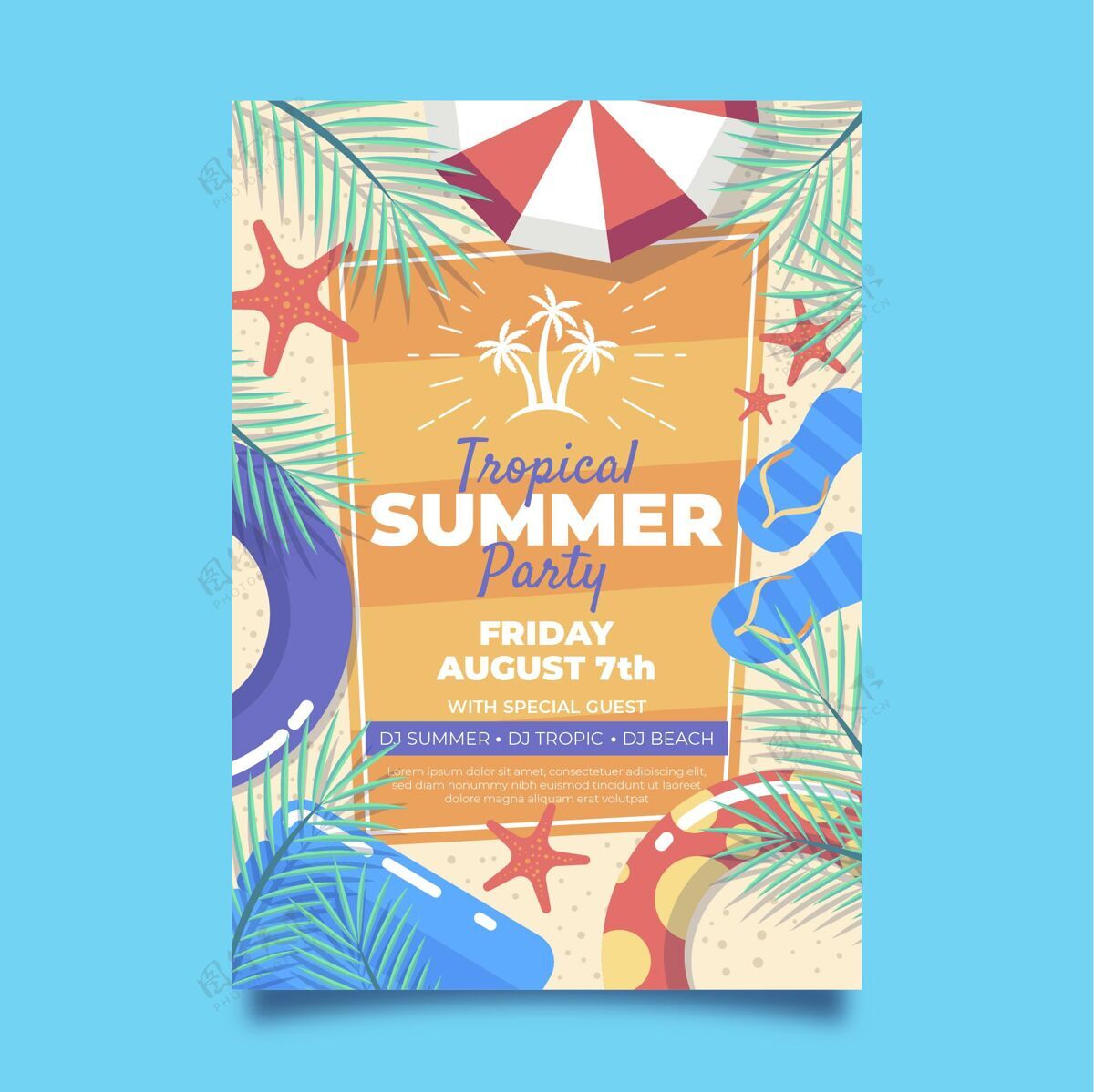 海报模板平面夏日派对垂直海报模板夏季海报季节传单