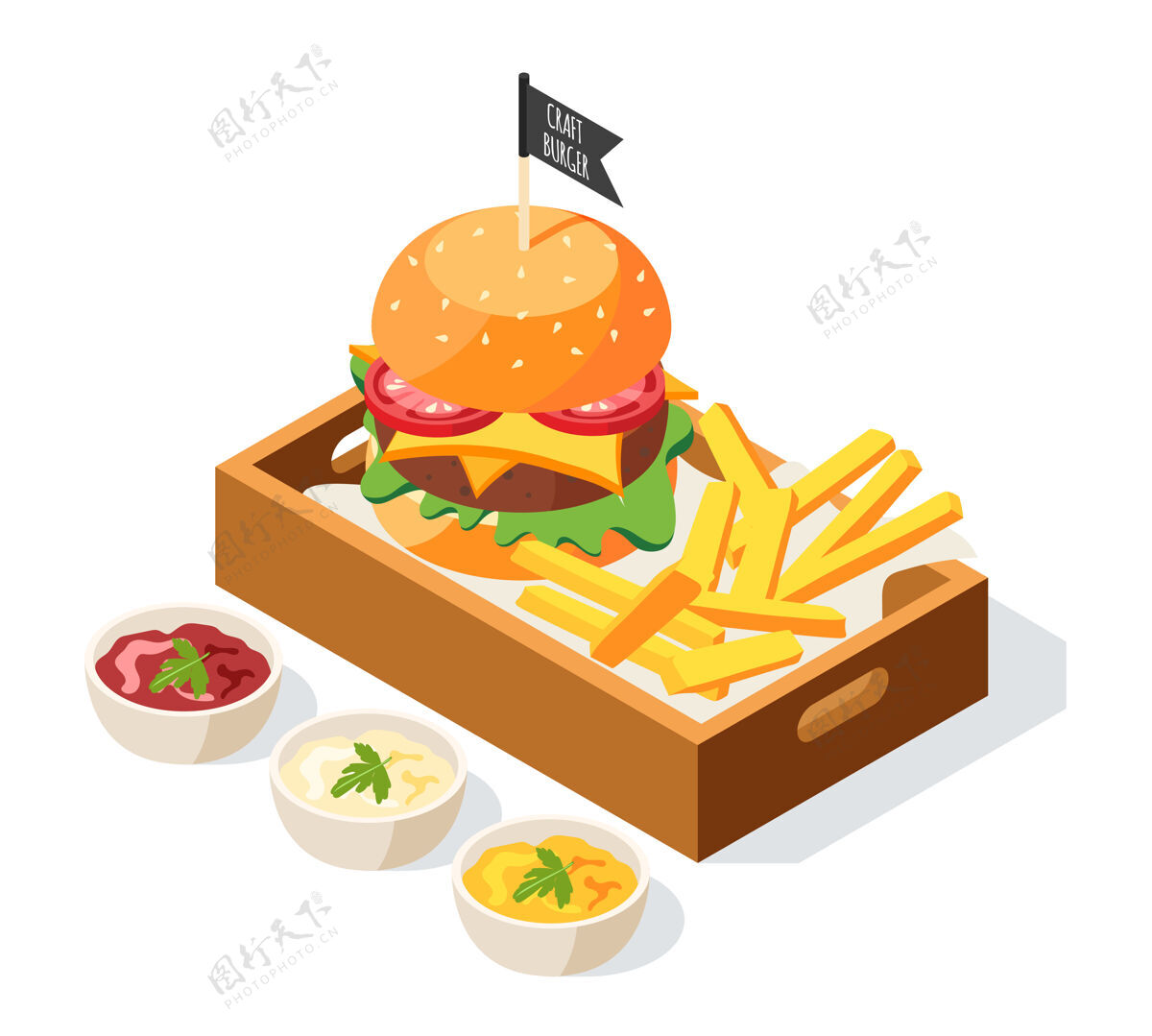 等距汉堡包屋等距图与酱菜组成 并提供汉堡与薯条在盘面上成分服务汉堡