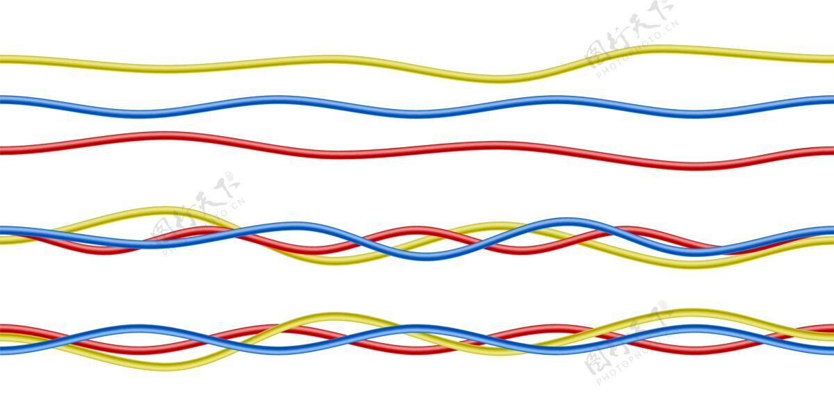 钢彩色逼真的红色 蓝色和黄色电力电缆隔离在白色绝缘电串