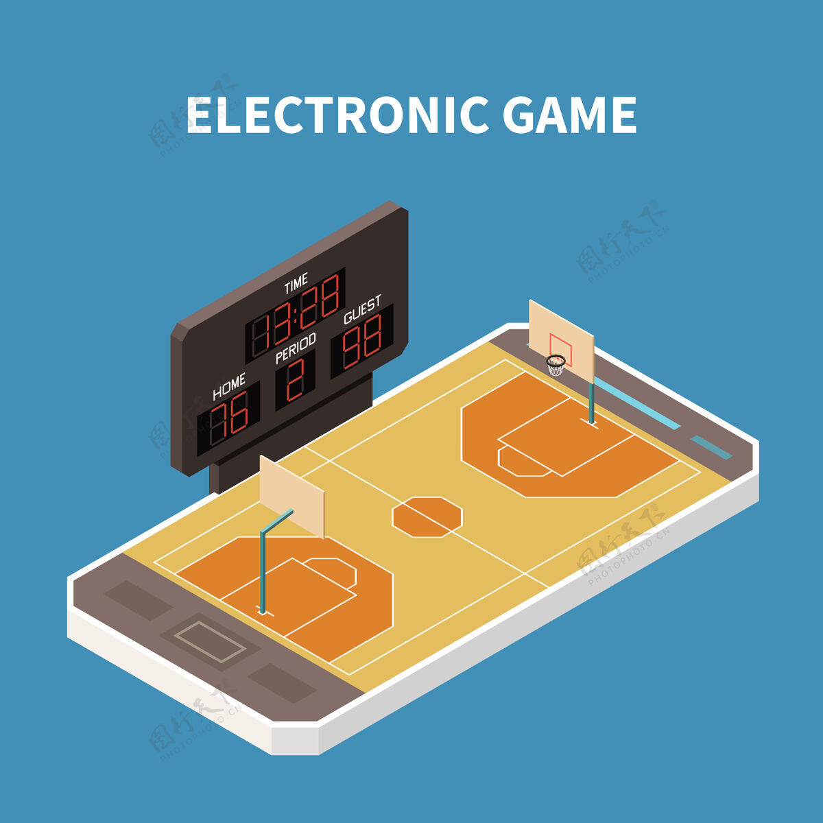 游戏篮球运动场上智能手机等距组成三维游戏插图领域篮球体育