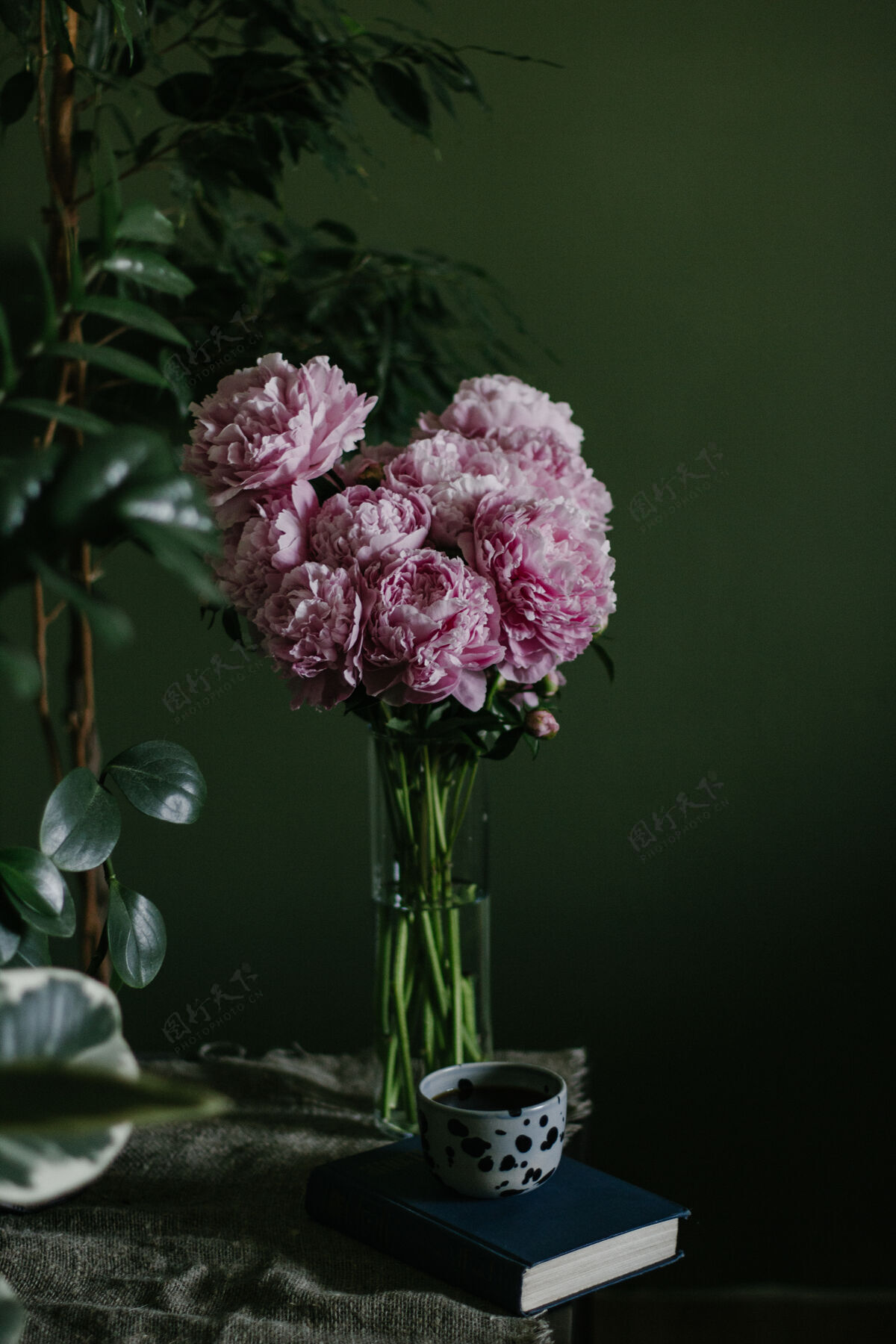 花瓶垂直拍摄美丽的盛开粉彩粉红色牡丹安排在一个玻璃花瓶礼品花瓣开花