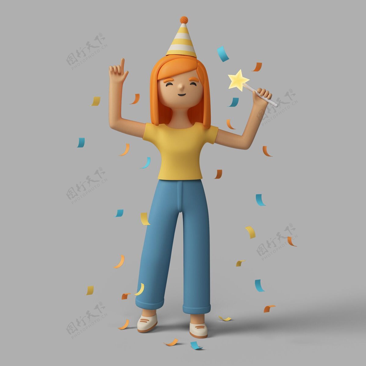 三维模型3d女性角色用派对帽和五彩纸屑庆祝姿势女人女性