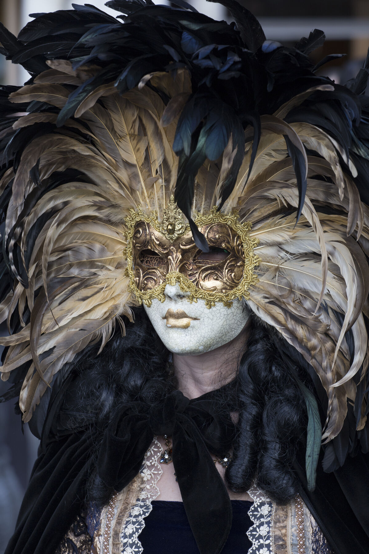 人在举世闻名的嘉年华期间 身着美丽礼服和传统威尼斯面具的女性表演风格脸