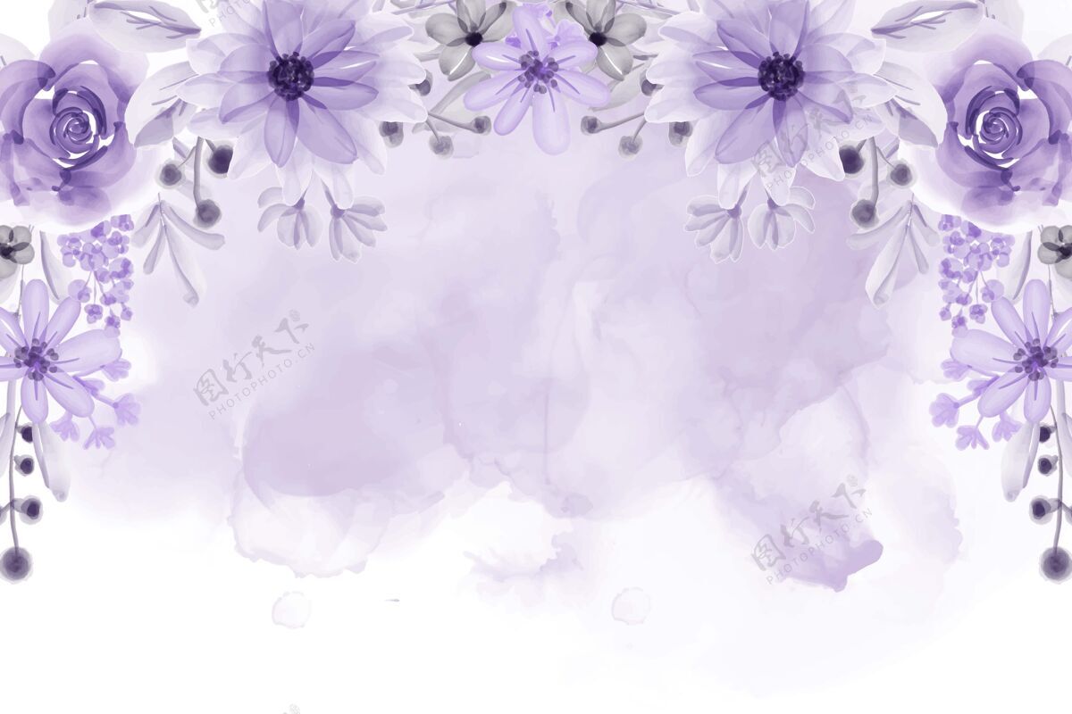 优雅美丽的花框架背景与柔软的紫色花朵水彩植物水彩树叶