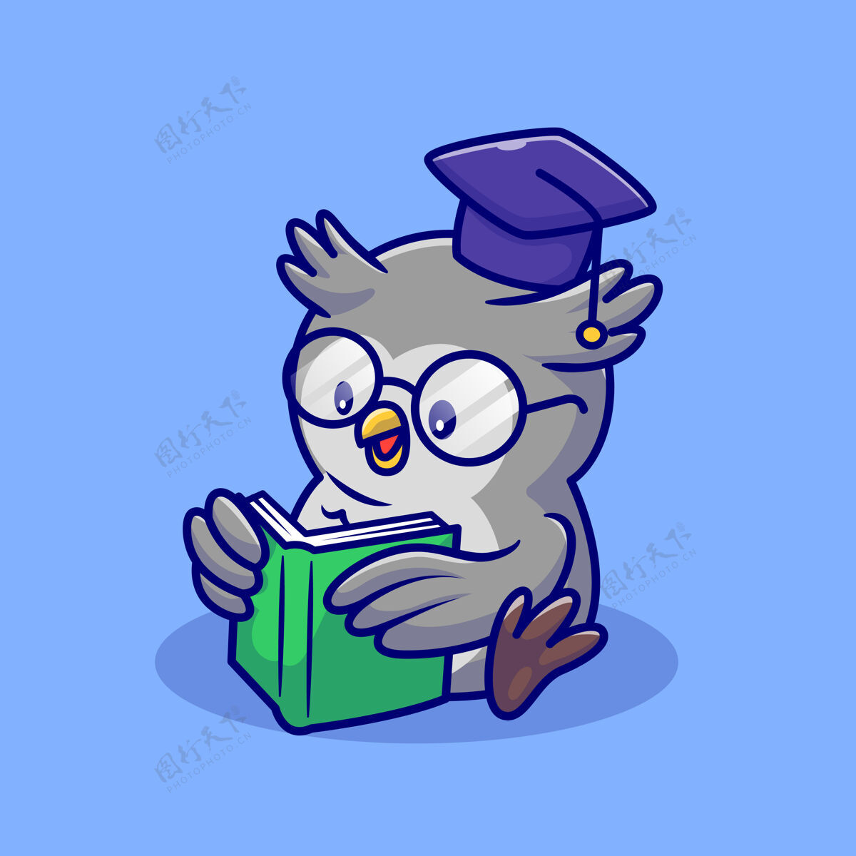 阅读可爱的猫头鹰阅读书籍与眼镜和毕业帽毛皮可爱有趣