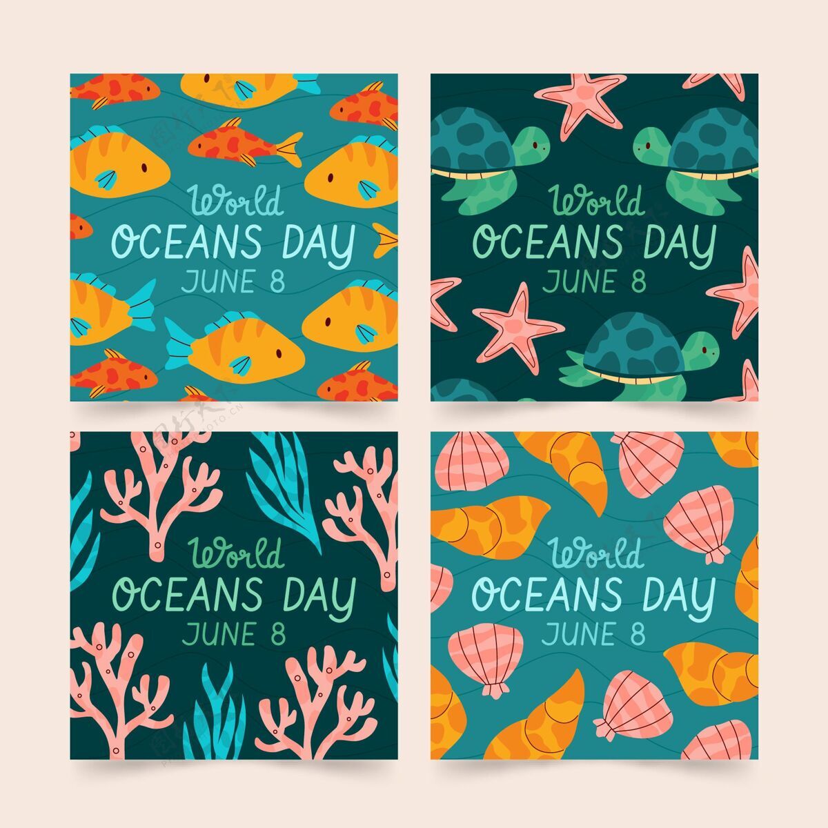 网络模板手绘世界海洋日instagram帖子集星球分类生态系统