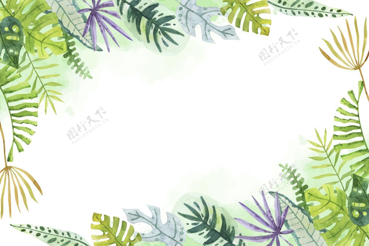 热带背景手绘水彩画热带树叶背景蔬菜植物树叶