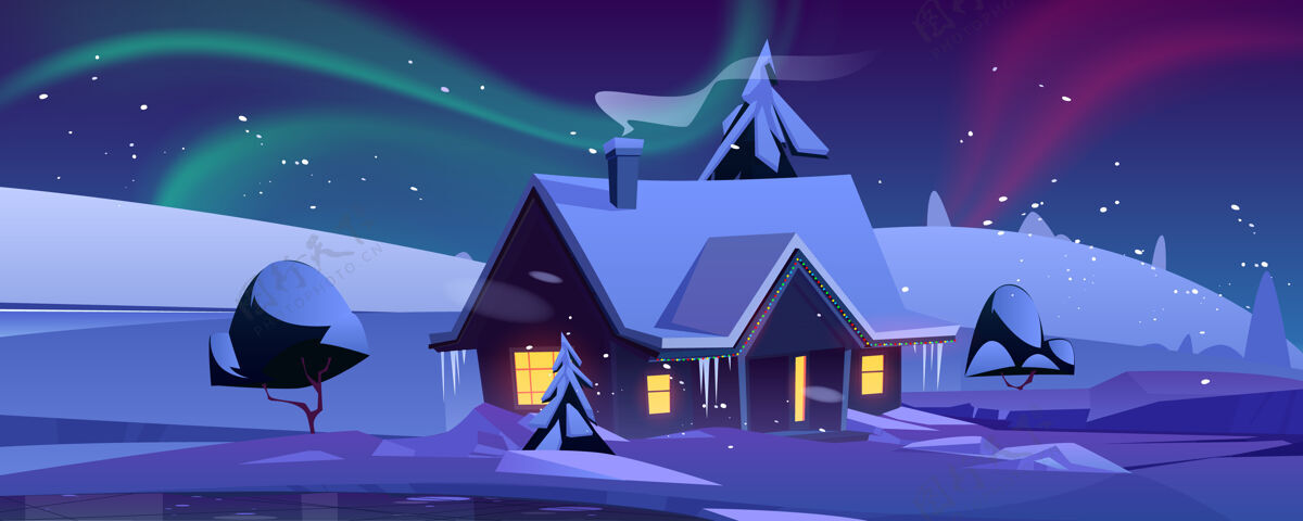 下雪带圣诞装饰的房子在冬天的夜晚风景如画房子窗户村庄