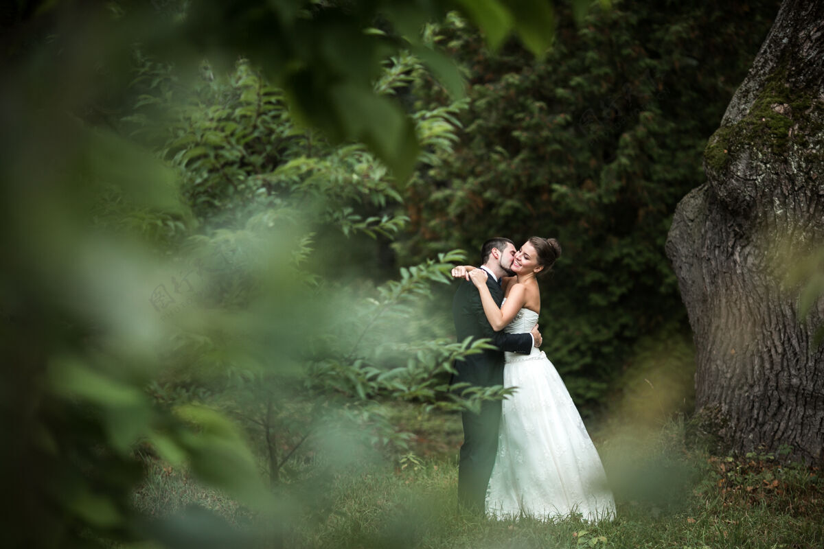 礼服美丽的新婚夫妇在公园里互相拥抱木头举行欢呼