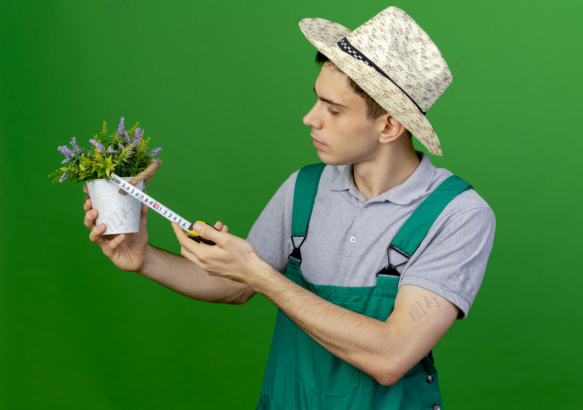 背景自信的年轻男园丁戴着园艺帽 看着花盆 用卷尺量着花盆 卷尺隔离在绿色的背景上 留有复制空间男性测量年轻