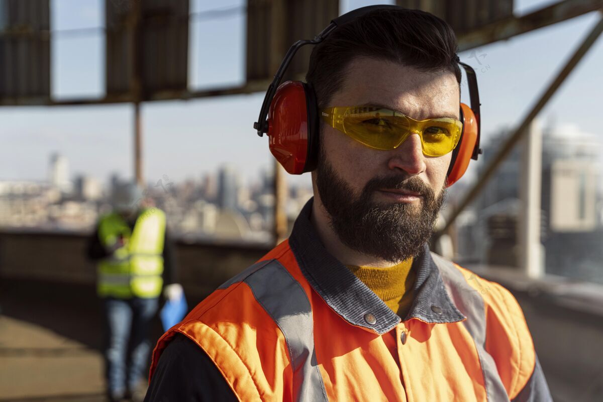 耳机特写戴着耳机和护目镜的男人工作安全建筑人