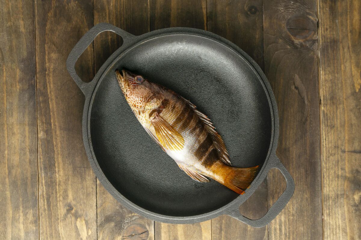 水平顶视图生鱼在盘子里烹饪安排平面图