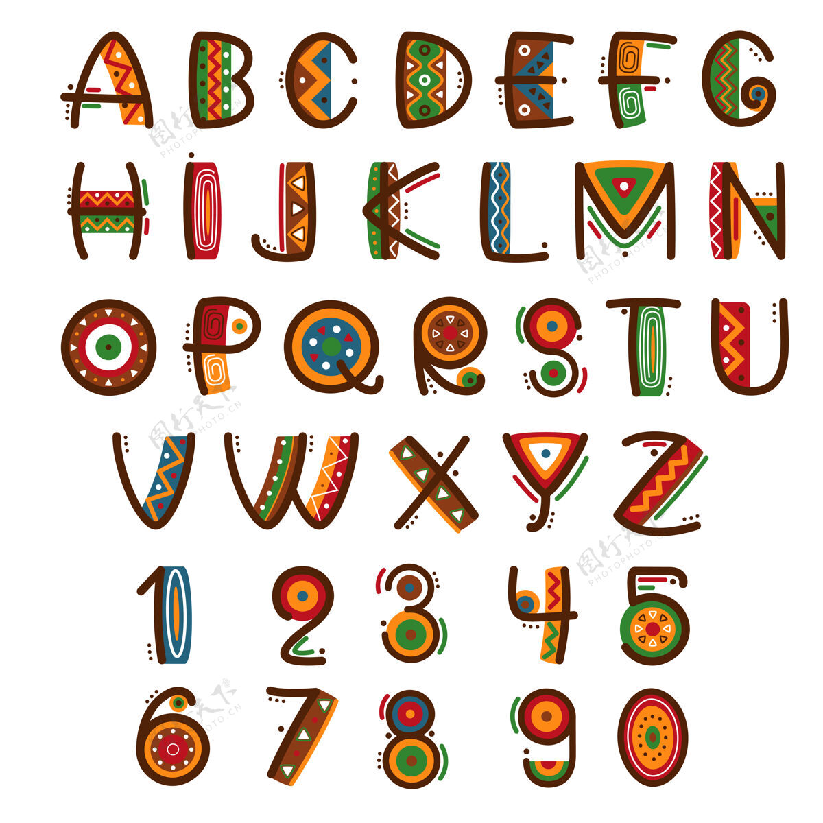 非洲非洲民族原始字体手绘明亮的野生动物字母表传统风格字母表