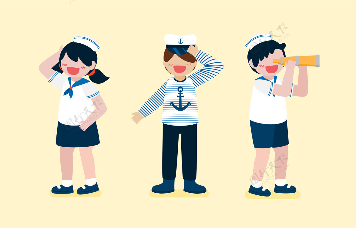 涂鸦可爱的男孩和女孩穿着水手制服 男孩用双筒望远镜看远 在卡通人物水手爱望远镜