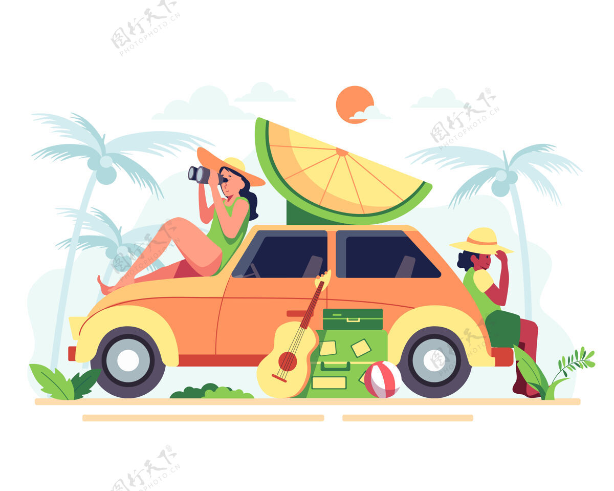 椰子树妈妈和她的儿子在海滩上度假人汽车女人