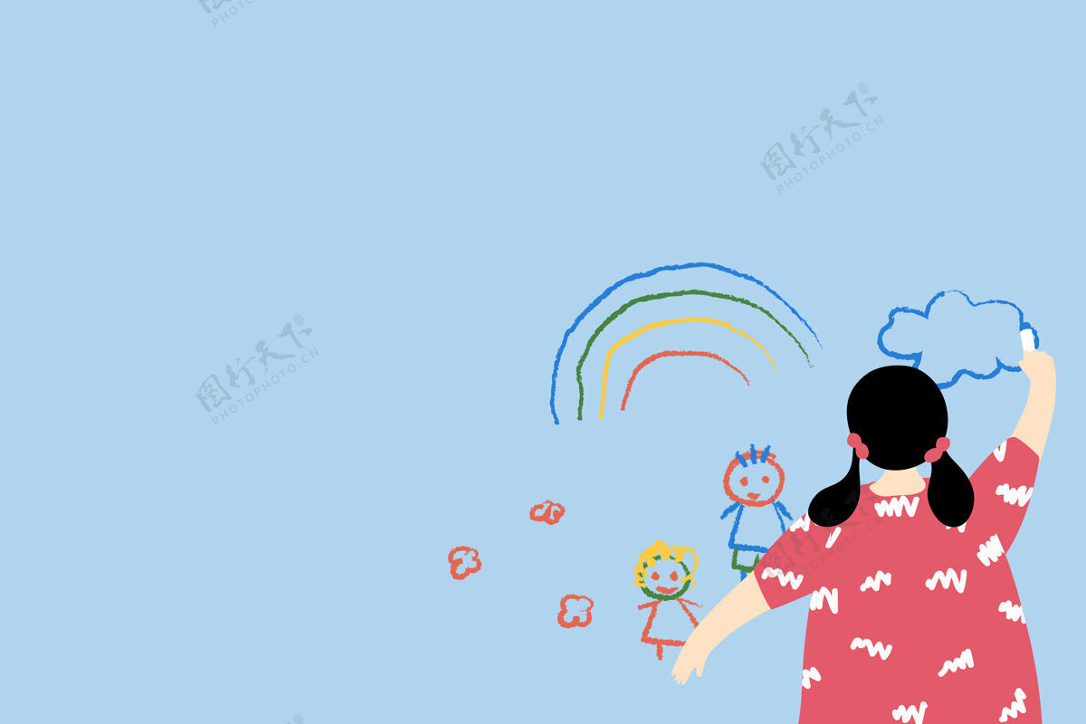 游戏在冠状病毒大流行期间 一个女孩在家里画板教育学习彩虹