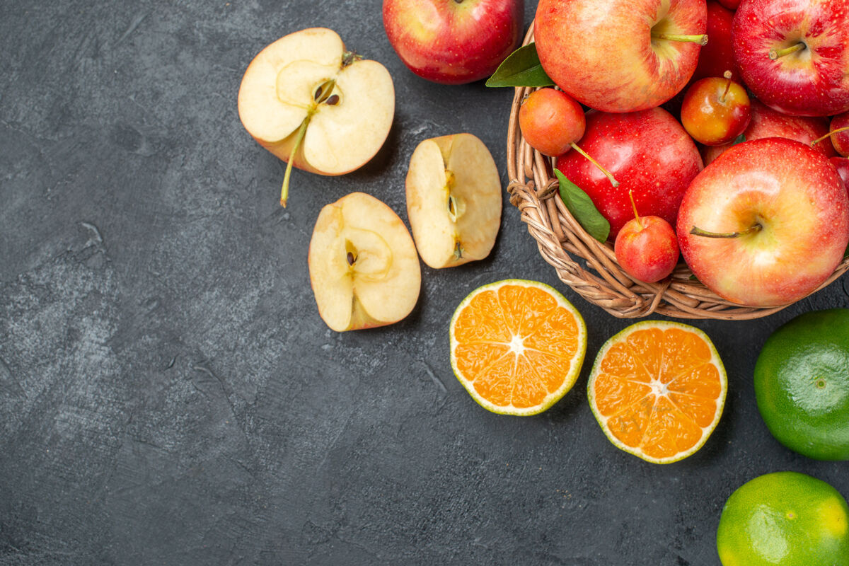 橙子顶部特写查看水果柑橘水果苹果一篮苹果樱桃食物水果蔬菜