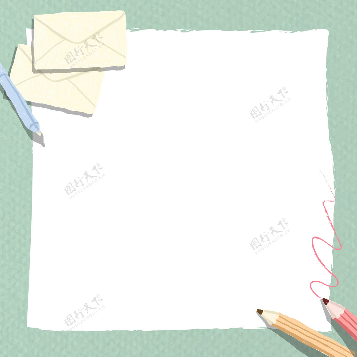 正方形绿色背景上的白色空白笔记本框架信纸学校页面