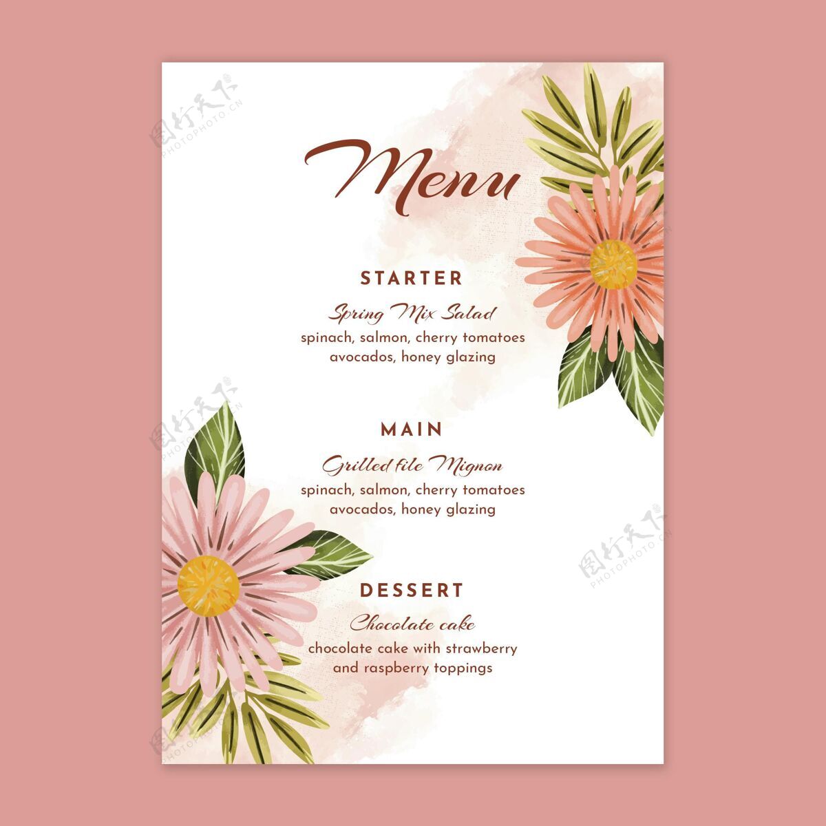 请柬结婚纪念日菜单模板鲜花浪漫准备打印