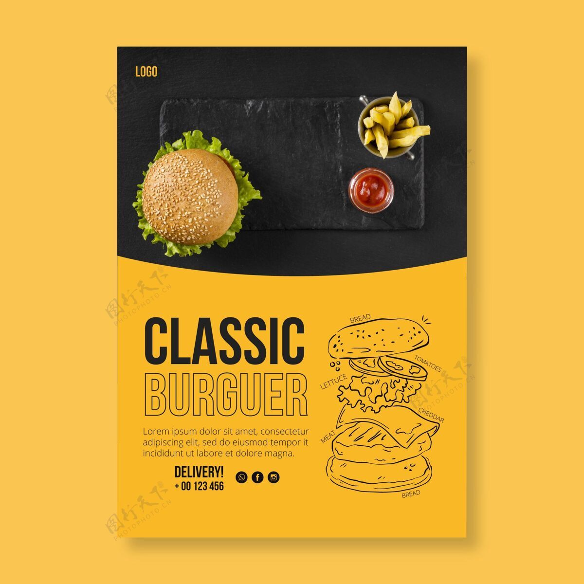 食品美国食品传单模板与汉堡照片印刷模板随时印刷营养
