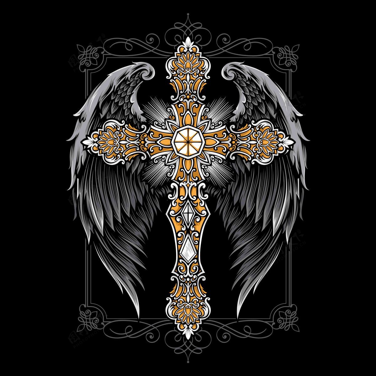 宗教用翅膀装饰十字架贴纸绘画天主教